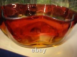 1900-1910 Victorian Art Glass Bowl Sunset Amberina Octagon Blown Out Shapes 7.5