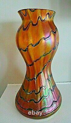 1900s KRALIK Glass BLUE WAVE Orange 8 Banded VASE Pinch BOHEMIAN Iridescent