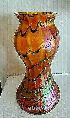 1900s KRALIK Glass BLUE WAVE Orange 8 Banded VASE Pinch BOHEMIAN Iridescent