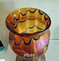 1900s KRALIK Glass BLUE WAVE Orange 8 Banded VASE Pinch BOHEMIAN Iridescent