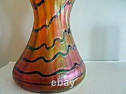 1900s KRALIK Glass BLUE WAVE Orange 8 Banded VASE Pinch BOHEMIAN Iridescent