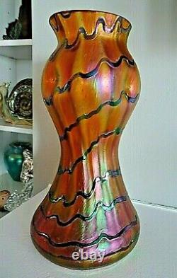 1900s KRALIK Glass BLUE WAVE Orange 8 Banded VASE Pinch BOHEMIAN Iridescent