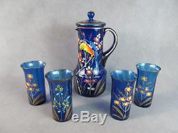 1900s VICTORIAN Glass LEMONADE Set-Pitcher & 4 Tumblers Blue withEnamel PARROT