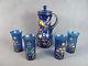 1900s Victorian Glass Lemonade Set-pitcher & 4 Tumblers Blue Withenamel Parrot