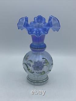 1999 Fenton Glass Messenger Exclusive Vase #1864, Blue with Hand Painted Flowers