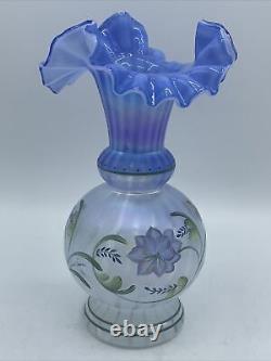 1999 Fenton Glass Messenger Exclusive Vase #1864, Blue with Hand Painted Flowers