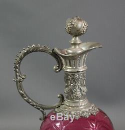19c. French Baccarat Ruby Cranberry Glass Cut Crystal Pewter Mounted Cruet Ewer