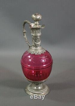 19c. French Baccarat Ruby Cranberry Glass Cut Crystal Pewter Mounted Cruet Ewer