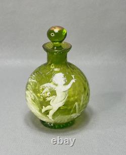 19c. Victorian Mary Gregory Art Glass Green Perfume Cologne Bottle Cherub Cupid