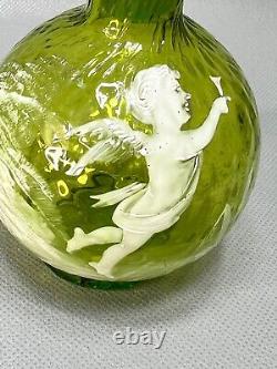 19c. Victorian Mary Gregory Art Glass Green Perfume Cologne Bottle Cherub Cupid