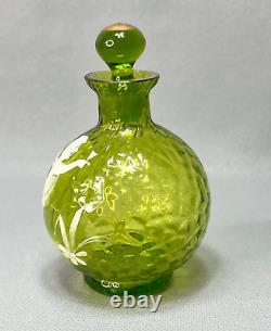 19c. Victorian Mary Gregory Art Glass Green Perfume Cologne Bottle Cherub Cupid