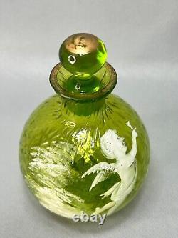 19c. Victorian Mary Gregory Art Glass Green Perfume Cologne Bottle Cherub Cupid