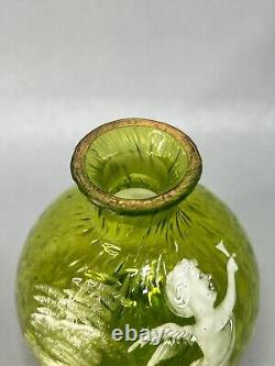 19c. Victorian Mary Gregory Art Glass Green Perfume Cologne Bottle Cherub Cupid