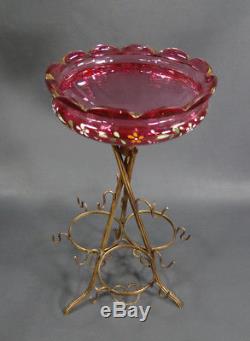 19c. Victorian Moser Cranberry Glass Centerpiece Bowl Bottle Cup Set Holder Stand