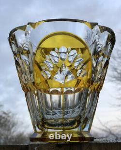 19th C Antique Victorian Amber Crystal Bohemian Engraved, Flashed Glass Vase