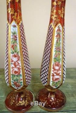 19th C Bohemian Cranberry Hand Painted Overlay Enamel & Gilded Vases Moser Czech