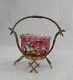 19th C English Victorian Cranberry Glass Enamel Pansy Basket Faux Bamboo Holder