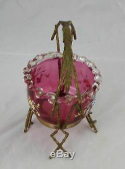 19th C English Victorian Cranberry Glass Enamel Pansy Basket Faux Bamboo Holder