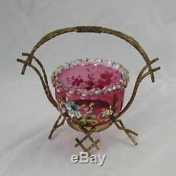 19th C English Victorian Cranberry Glass Enamel Pansy Basket Faux Bamboo Holder