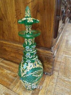 19th C. MOSER GREEN BOHEMIAN CUT ART GLASS DECANTER BOTTLE ENAMEL & GOLD GILT