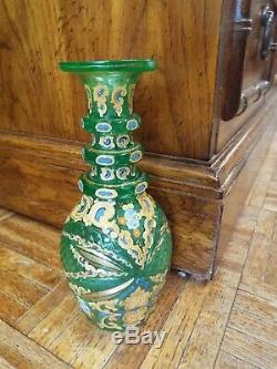 19th C. MOSER GREEN BOHEMIAN CUT ART GLASS DECANTER BOTTLE ENAMEL & GOLD GILT