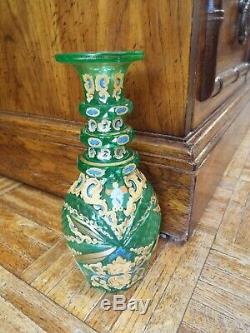 19th C. MOSER GREEN BOHEMIAN CUT ART GLASS DECANTER BOTTLE ENAMEL & GOLD GILT