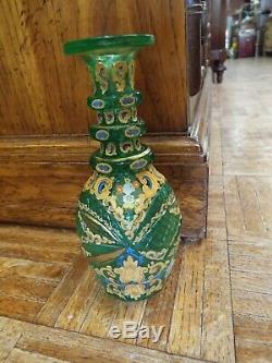 19th C. MOSER GREEN BOHEMIAN CUT ART GLASS DECANTER BOTTLE ENAMEL & GOLD GILT