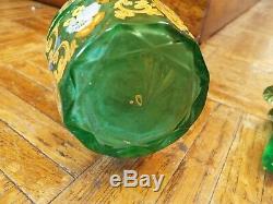 19th C. MOSER GREEN BOHEMIAN CUT ART GLASS DECANTER BOTTLE ENAMEL & GOLD GILT