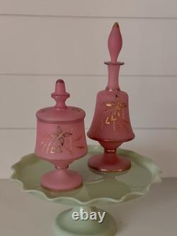 19th C Pair Of Victorian Bristol Satin Cranberry Pink Glass Vanity Set