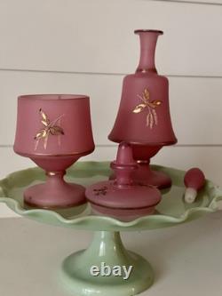 19th C Pair Of Victorian Bristol Satin Cranberry Pink Glass Vanity Set