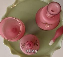 19th C Pair Of Victorian Bristol Satin Cranberry Pink Glass Vanity Set