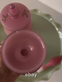 19th C Pair Of Victorian Bristol Satin Cranberry Pink Glass Vanity Set