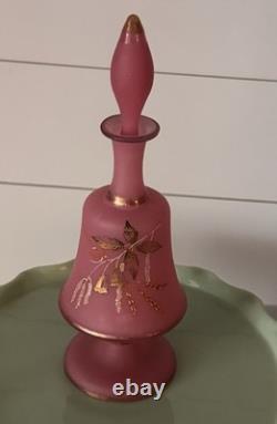 19th C Pair Of Victorian Bristol Satin Cranberry Pink Glass Vanity Set