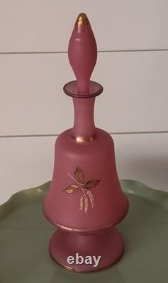 19th C Pair Of Victorian Bristol Satin Cranberry Pink Glass Vanity Set