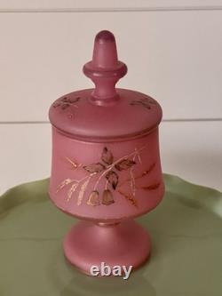 19th C Pair Of Victorian Bristol Satin Cranberry Pink Glass Vanity Set