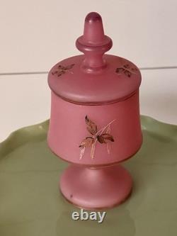 19th C Pair Of Victorian Bristol Satin Cranberry Pink Glass Vanity Set