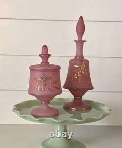 19th C Pair Of Victorian Bristol Satin Cranberry Pink Glass Vanity Set