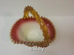 19th C. STEVENS & WILLIAMS CASED ART GLASS BASKET, APPLIED RIGAREE DECORATION