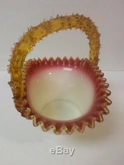 19th C. STEVENS & WILLIAMS CASED ART GLASS BASKET, APPLIED RIGAREE DECORATION