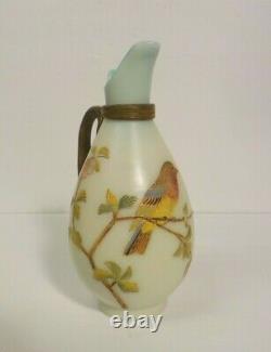 19th C. Satin Glass Ewer, Enameled & Gilt Bird Decoration, c. 1880-1900