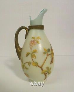 19th C. Satin Glass Ewer, Enameled & Gilt Bird Decoration, c. 1880-1900