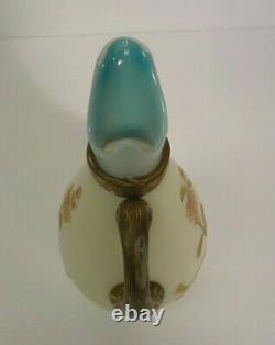 19th C. Satin Glass Ewer, Enameled & Gilt Bird Decoration, c. 1880-1900