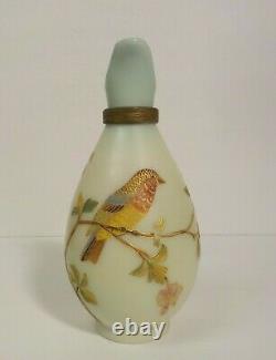 19th C. Satin Glass Ewer, Enameled & Gilt Bird Decoration, c. 1880-1900