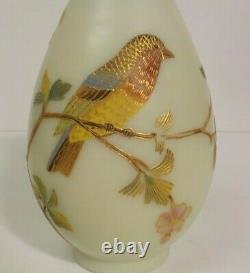 19th C. Satin Glass Ewer, Enameled & Gilt Bird Decoration, c. 1880-1900