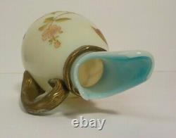 19th C. Satin Glass Ewer, Enameled & Gilt Bird Decoration, c. 1880-1900