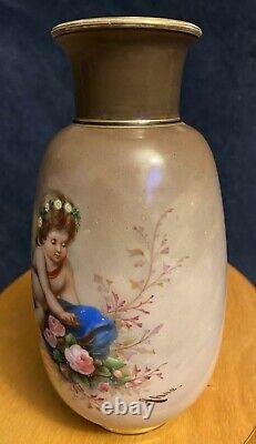 19th-C Victorian Bohemian Art Glass Vase Of Cherub Putti Angel by Josef Ahne