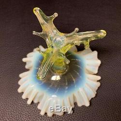 19th C. Victorian Vaseline Opalescent Art Glass TAZZA Bohemian Centerpiece Bowl