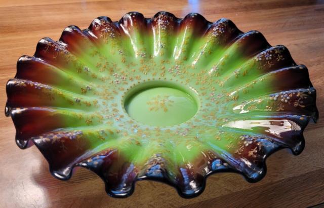 19th Cent. Victorian Bride's Bowl, Hand Painted, Rubina Verde, Blown Glass