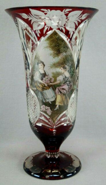 19th Century Bohemian R Wurtig Ruby Hand Painted Watteau Scene Cut Crystal Vase