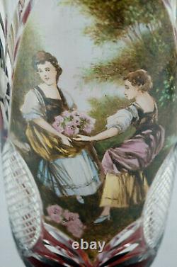 19th Century Bohemian R Wurtig Ruby Hand Painted Watteau Scene Cut Crystal Vase